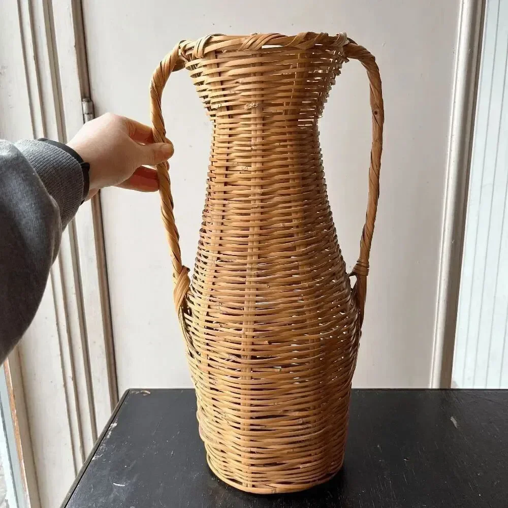 Vintage Handwoven Wicker Amphora-Style Vase with Twisted Handles